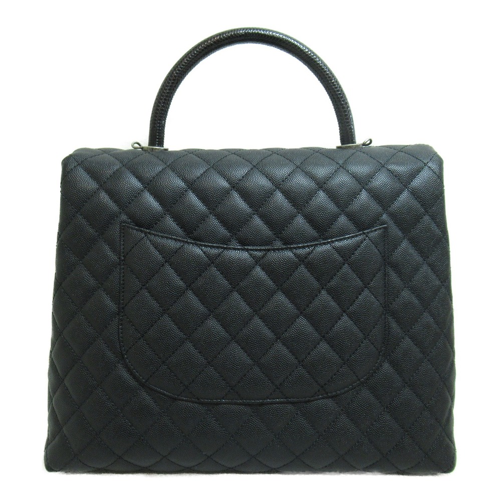Chanel Shoulder Bag Lizard Skin Caviar Coco Handle Black Two-Way